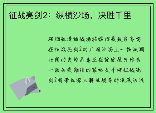 征战亮剑2：纵横沙场，决胜千里